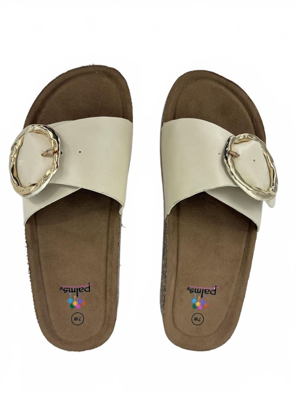 Palms Women's Slide Sandals in Cream with Gold Tone Buckle Detail Size 7W